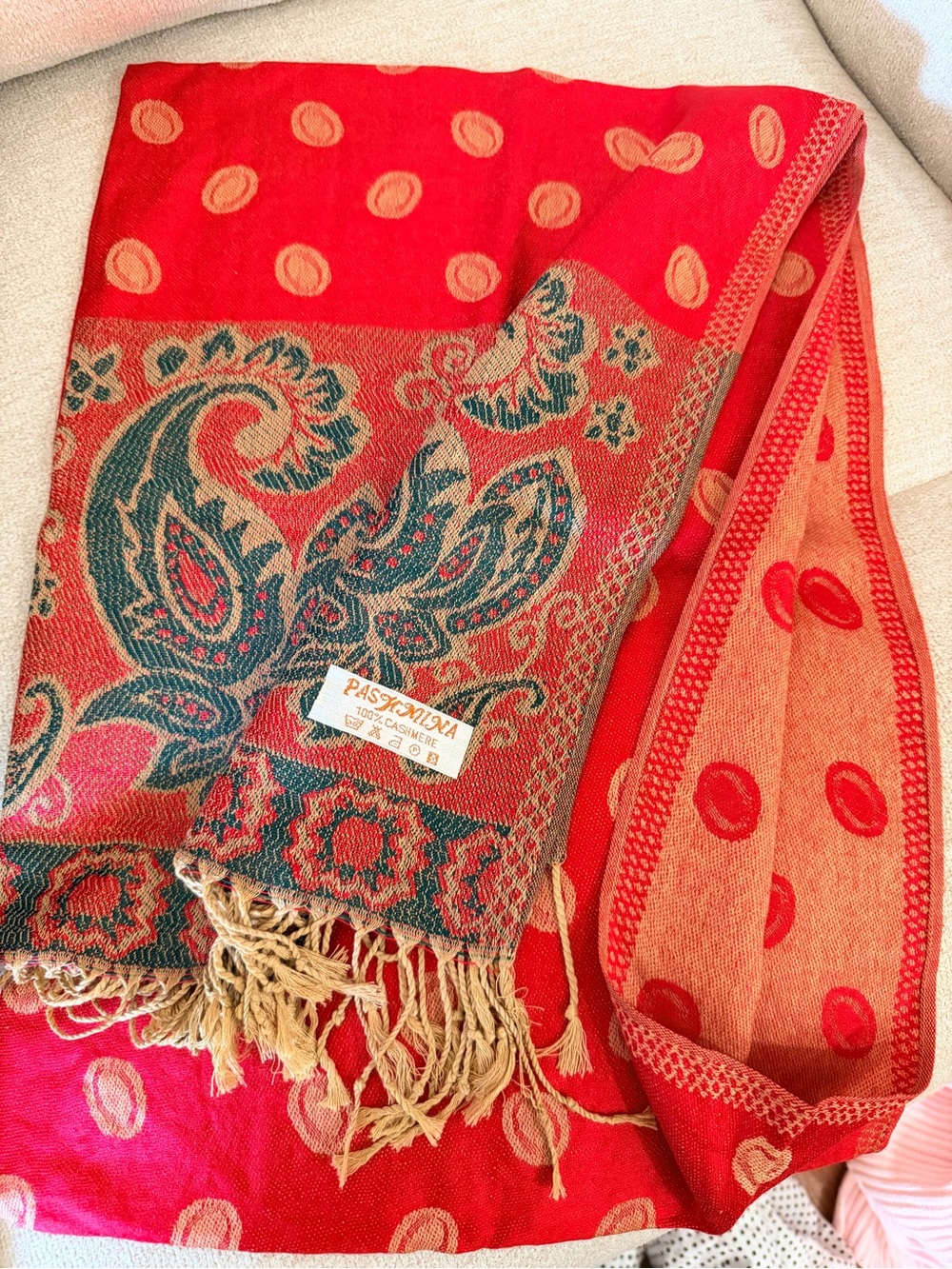 Red Pashmina Scarf 100% cashmere Double Sided Paisley Pattern fringe